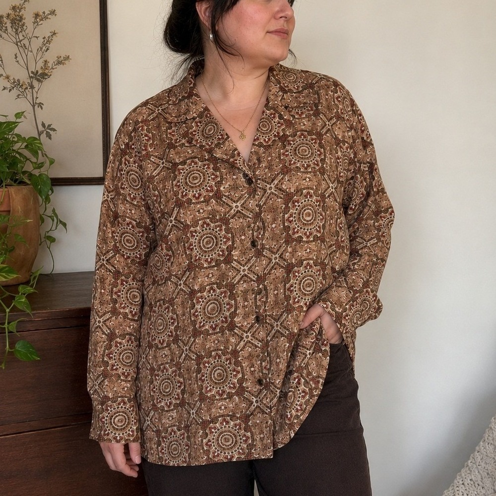 Vintage 90s Silk Blouse Women 24P Brown Boho Oversized Earthy Maximalist Indie